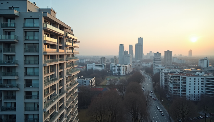 Weitwinkelaufnahme einer modernen Wohnanlage in München mit Blick auf die Stadt