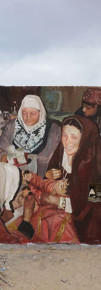 a mural of Muslim woman in Morocco in a realistic stile and ocre hues next to a palm tree, seemingly in a wall in the middle of the desert