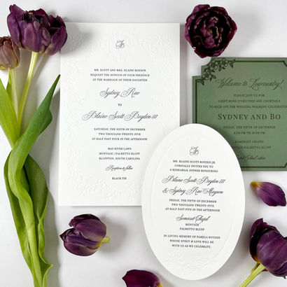 To Be Wed blind deboss floral botanical bordered invitations custom wedding invitation suite letterpress and die-cut on heavy weight cotton and colored paper by lolli.p Palmetto Bluff.