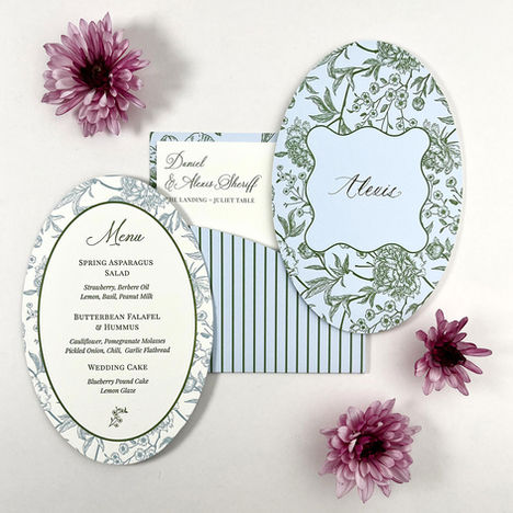 Soft blue & green floral & striped day of stationery pockets and die-cut menu by lolli.p Savannah.
