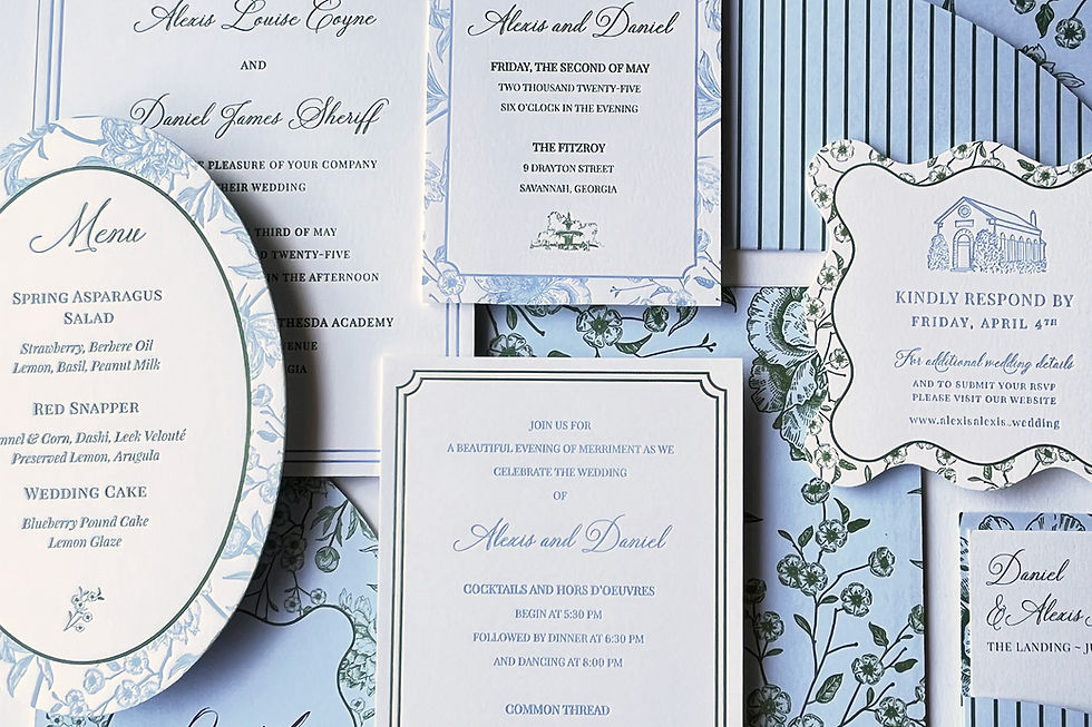 Custom wedding suite featuring botanical illustrations and die-cut shapes. Designed and pressed by Lolli Pop Letterpress in our Savannah studio.