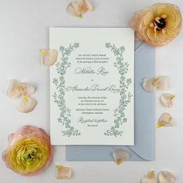 Soft romantic custom floral botanical border illustrated wedding invitation letterpress on heavyweight cotton paper with soft blue envelope by Lolli.p Savannah Lowcountry.