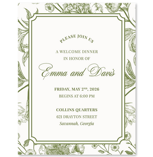 the peony suite welcome dinner card with botanical border