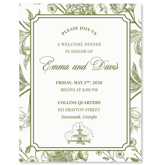 the peony suite welcome dinner card with venue pop