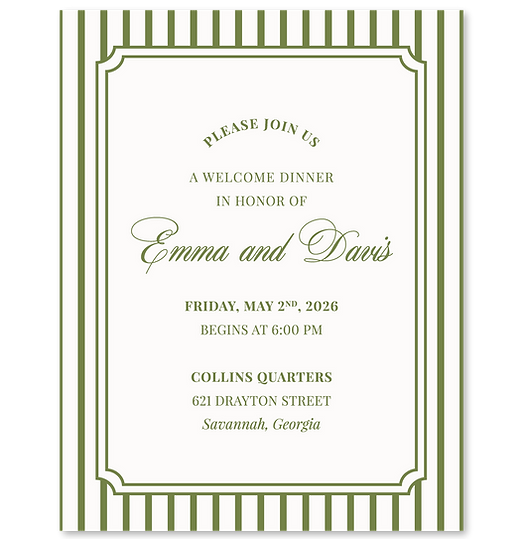 the peony suite welcome dinner card with striped border