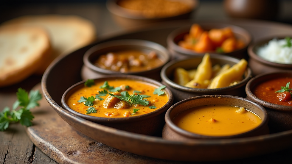 Close-up view of a traditional Gujarati thali with various dishes