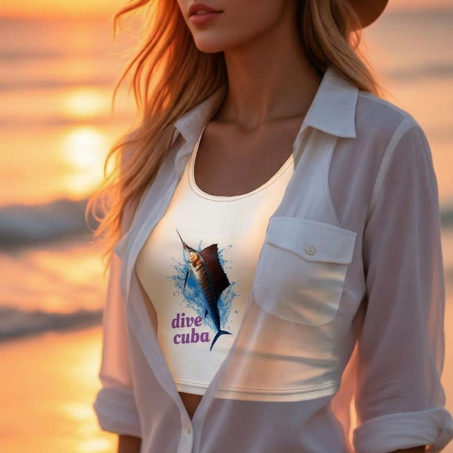 womans crop top with sword fish and dive cuba 