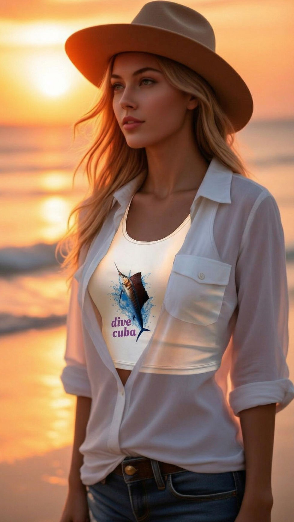 womans crop top with sword fish and dive cuba