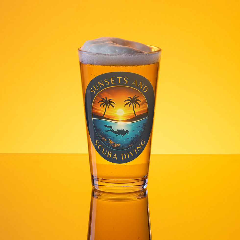shaker pint glass with sunsets and scuba diving logo