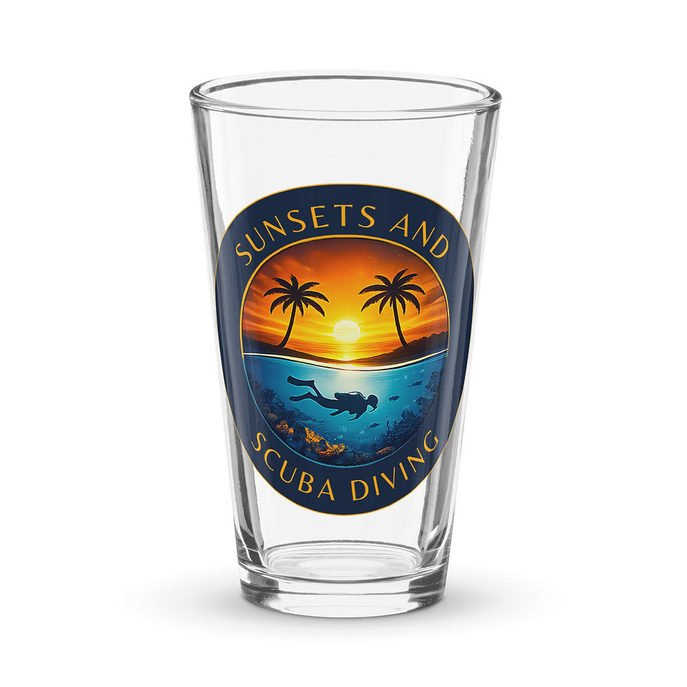 shaker pint glass with sunsets and scuba diving logo