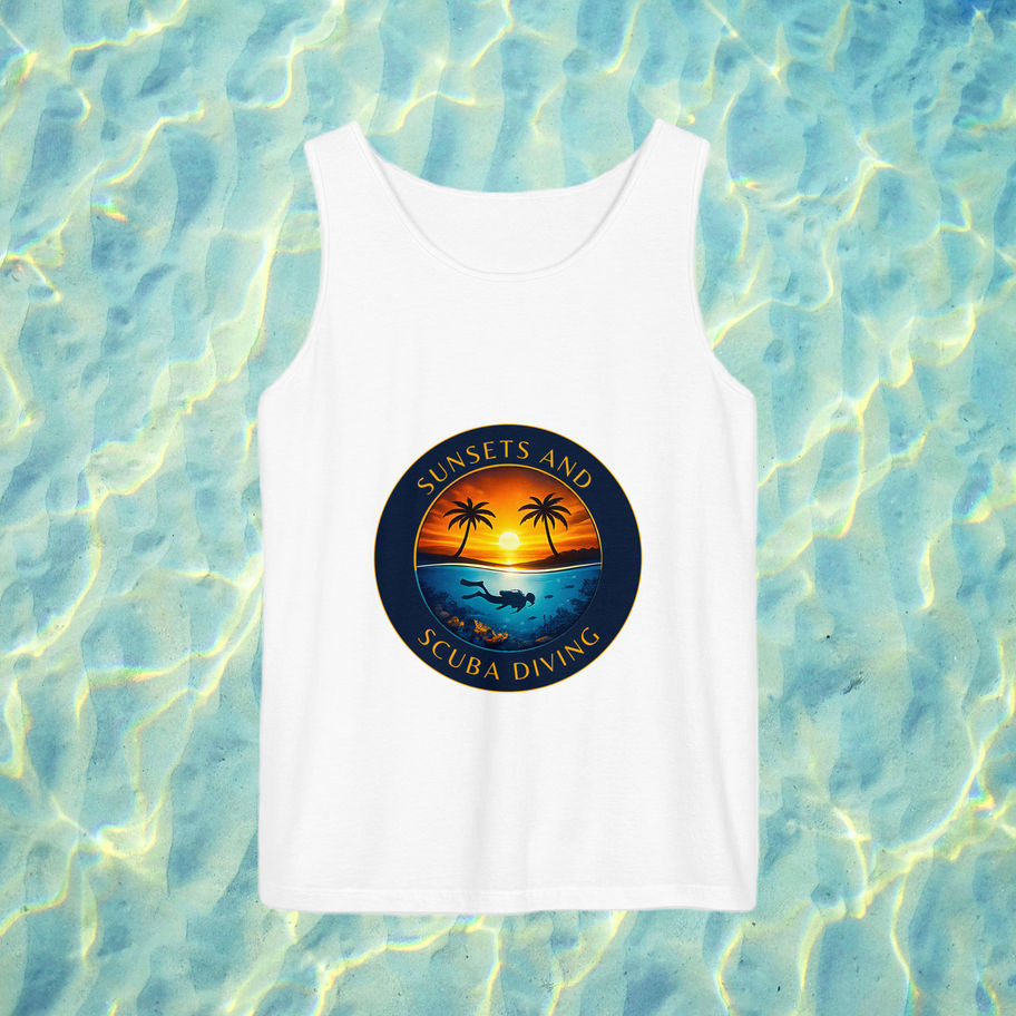 tank top with sunsets and scuba diving logo