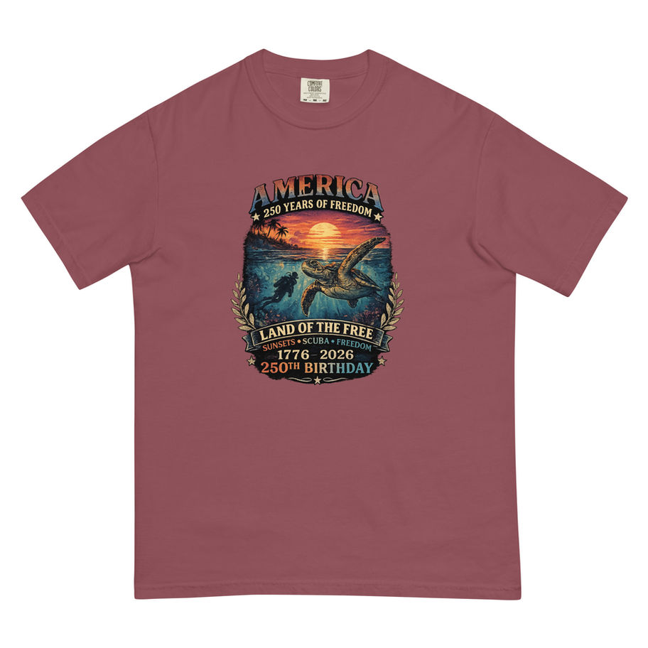 America 250th Birthday Scuba Sunset Shirt | 1776–2026 Patriotic Ocean Design