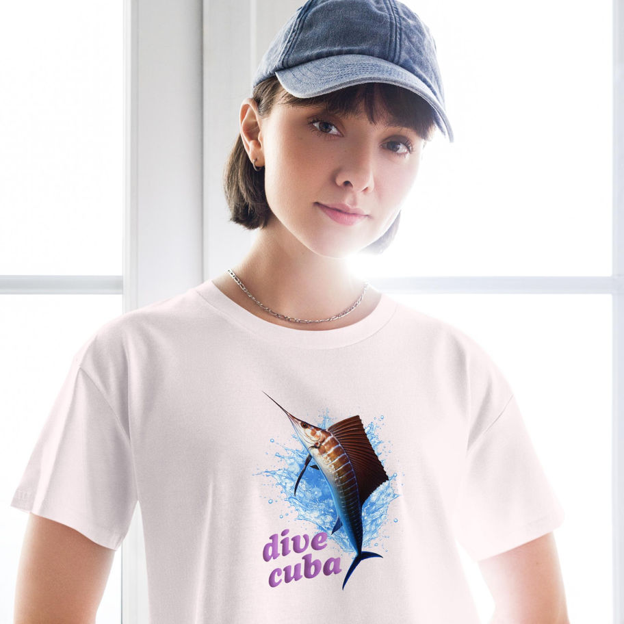 womans crop top with dive cuba swordfish design