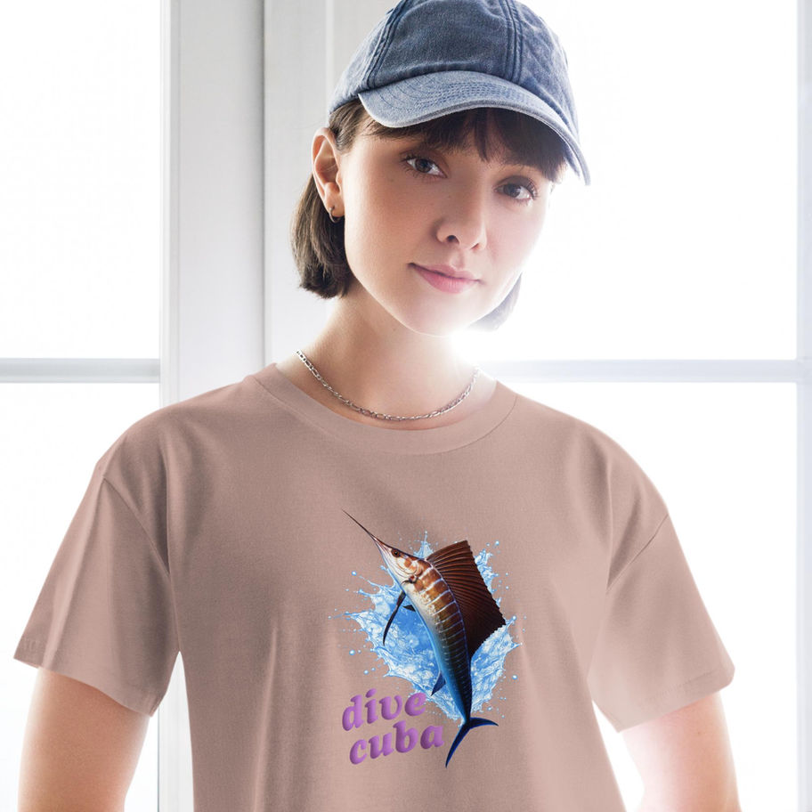 womans crop top with dive cuba swordfish design