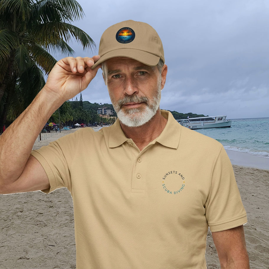 mens polo shirt with sunsets and scuba diving logo