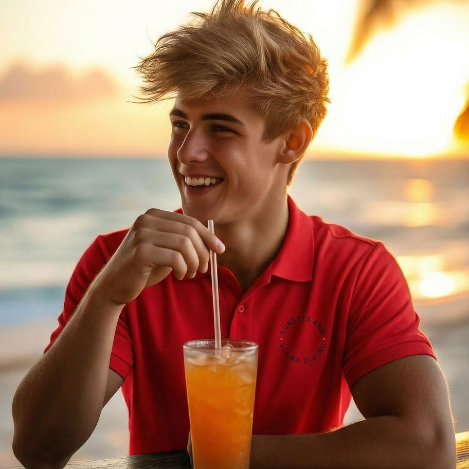 mens polo shirt with sunsets and scuba diving logo