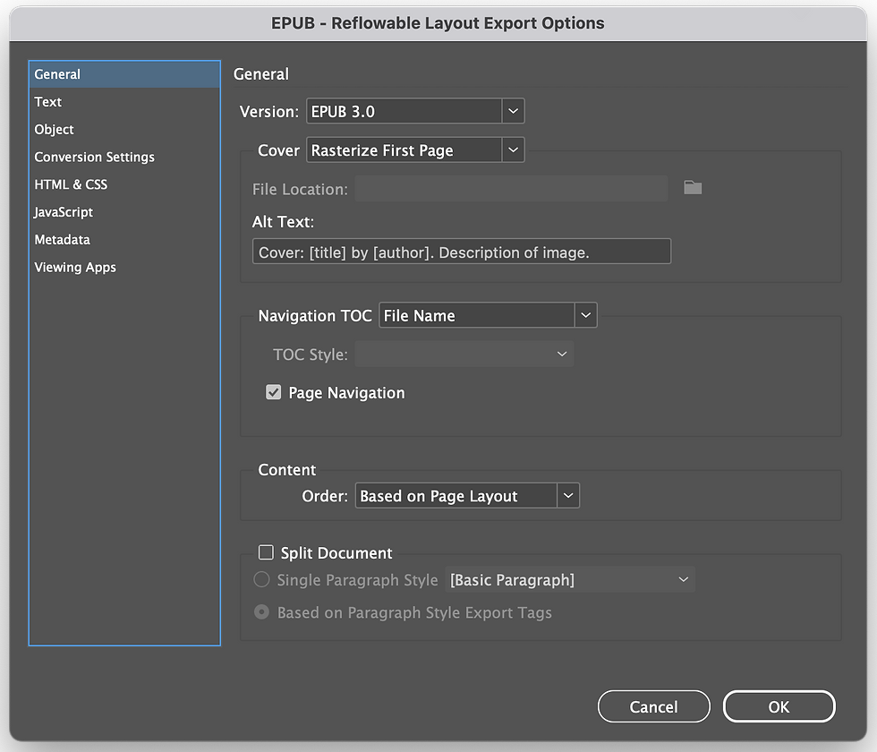 Export settings to EPUB in the InDesign 19.5