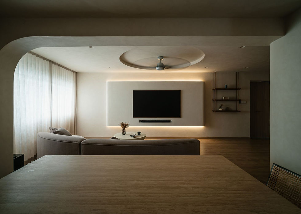 Suspended TV feature wall, curved at the sides