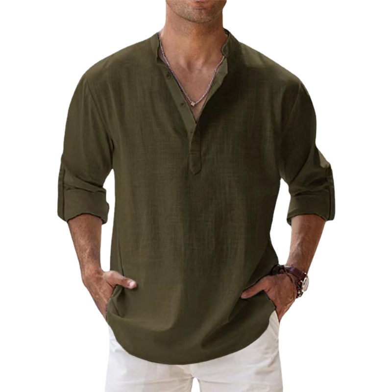 Miniatura: New Cotton Linen Shirts for Men Casual Shirts Lightweight Long Sleeve Henley Bea