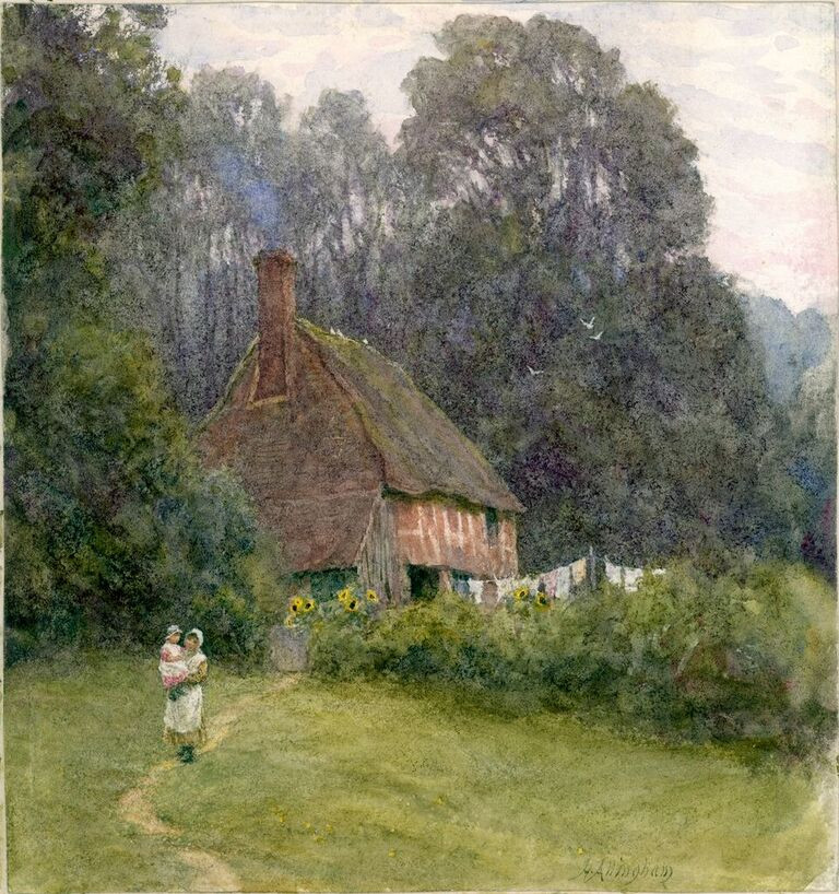 Helen Allingham, 'Cottage with Figures'. Drawing, bodycolour and watercolour on paper._preview