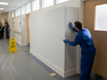 Worker installing waterproof cladding in hospital corridor