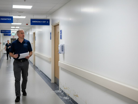 Manager inspecting hygienic wall panels in hospital