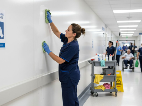 Worker cleaning hygienic wall cladding in hospital corridor