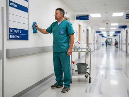 Janitor cleaning PVC hospital wall panel