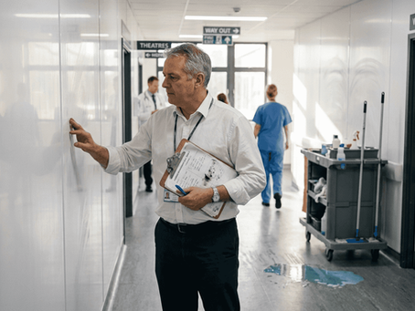 Manager inspecting hygienic wall finishes