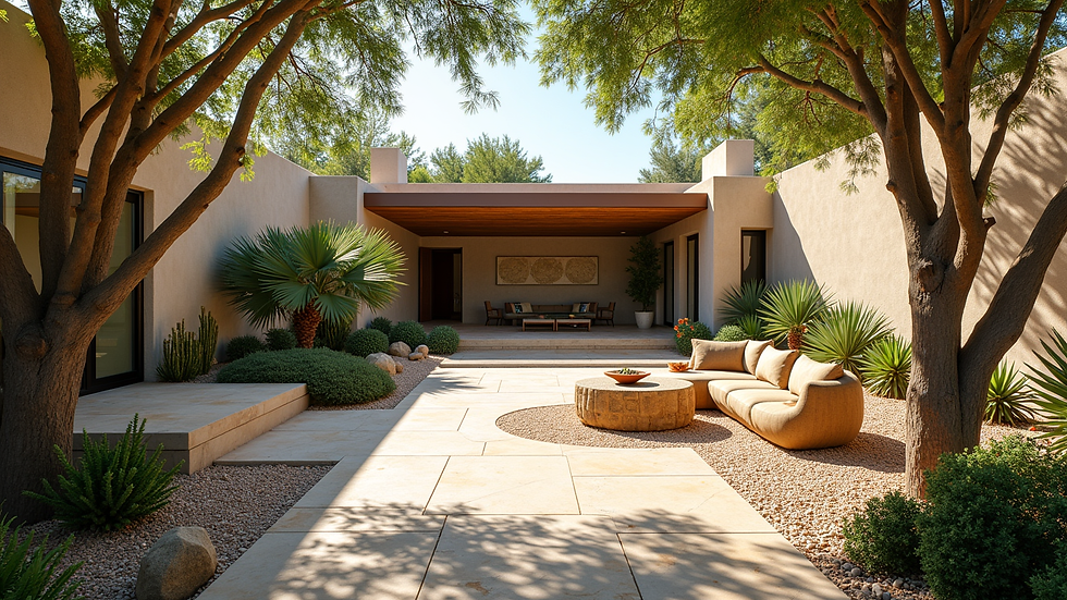 Wide angle view of a drought-resistant backyard with stone patio and shaded seating area