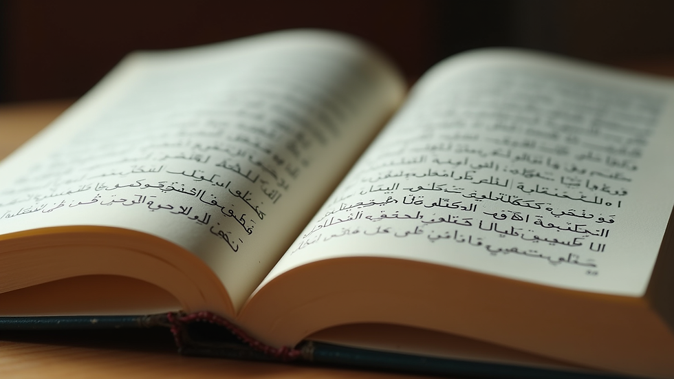 Eye-level view of an open Arabic textbook with colorful letters