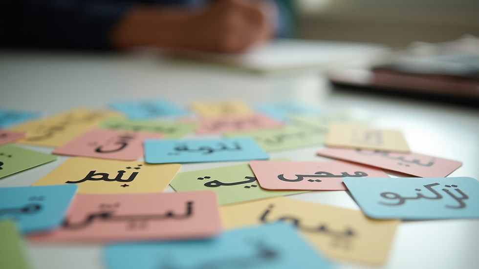 Close-up of colorful Arabic alphabet flashcards spread on a table