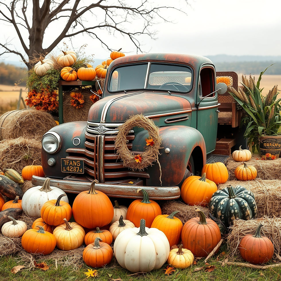 beautiful autumn design of an old truck surrounded by pumpkins, hay bales, corn stocks, mu