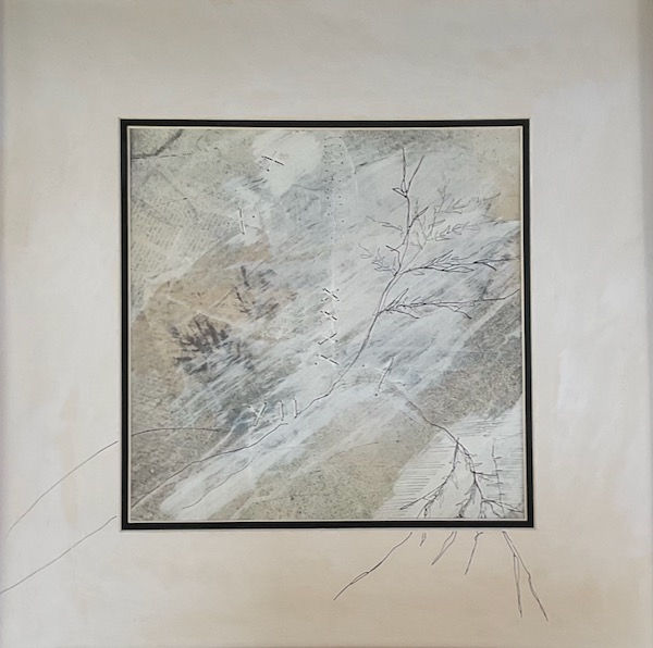 Abstract eco prints on laminated paper with ink, paint and stitchery in soft greys, browns and whites.
