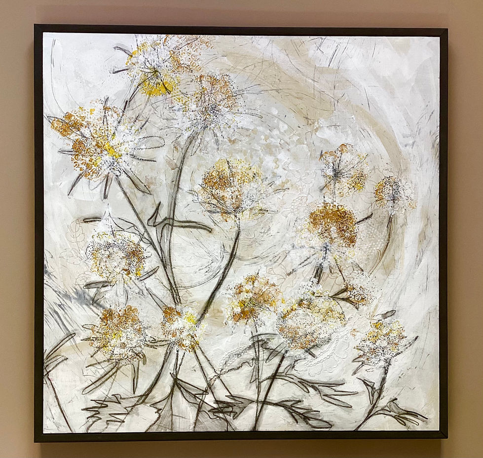 Ethereal yellow flowers floating across a neutral background with a minimal frame.