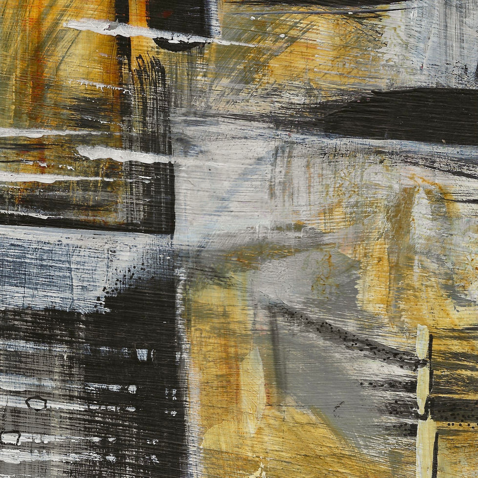 Abstract image of reflections in glass in golds and greys. Acrylic paint on wood block