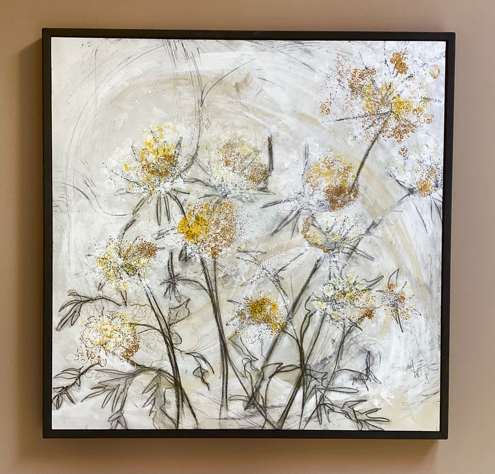 Ethereal yellow flowers floating across a neutral background with a minimal frame.