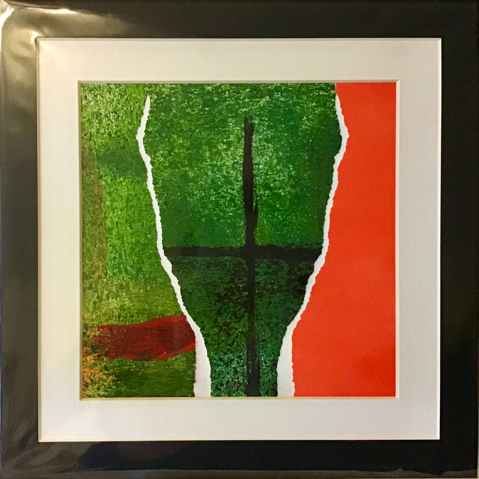 Abstract still life in vibrant red and green 30cm square framed or unframed.