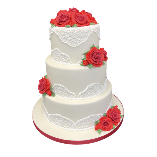 Three-tier wedding cake with sugar paste, red roses, and intricate lace designs.