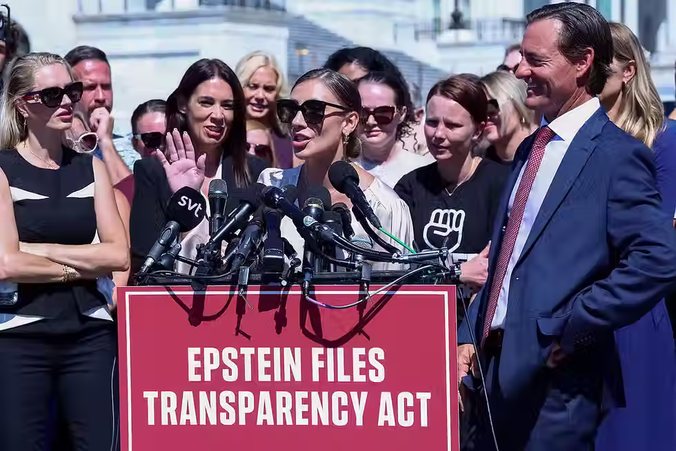 Marina Lacerda, victim of late financier Jeffrey Epstein, speaks during a press conference on Capitol Hill in Washington, September 3, 2025.