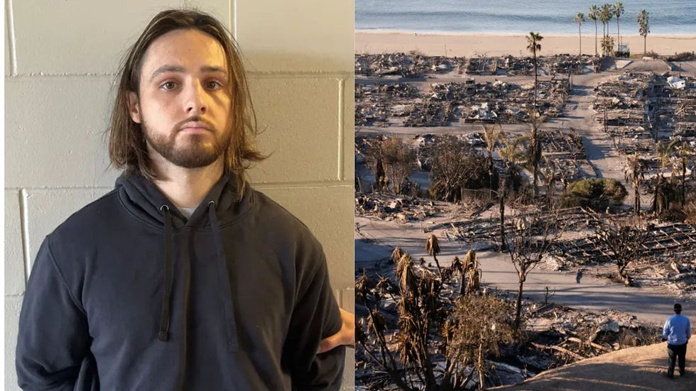 Left: Jonathan Rinderknecht arrested for igniting Palisades Fire, Orlando, Oct. 8, 2025 [DOJ/Handout via Reuters]; Right: Utilities worker surveys Palisades Fire damage, Pacific Palisades, Jan. 12, 2025 [David Ryder/Reuters]
