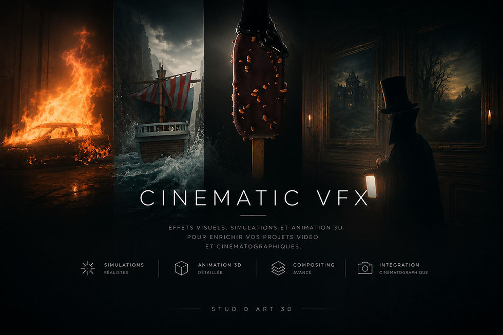 Composition présentant les effets VFX de Studio Art 3D : voiture en flammes, navire dans les vagues, animation 3D d’une glace et scène d’ambiance fantastique sombre.