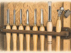 Illustration dessinée représentant une rangée d’outils de tournage sur bois à manches en bois, soigneusement rangés dans un atelier artisanal sur un support mural en bois.