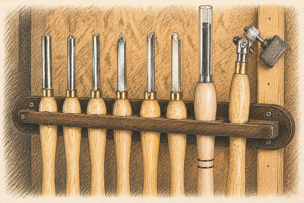 Illustration dessinée représentant une rangée d’outils de tournage sur bois à manches en bois, soigneusement rangés dans un atelier artisanal sur un support mural en bois.
