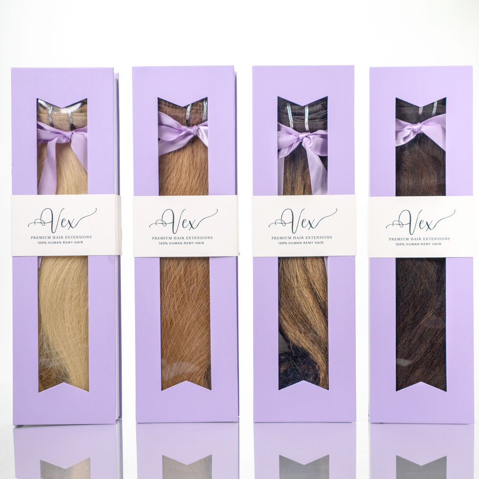 Vex Hair seamless clip-in extensions packaging — purple box with shade panels