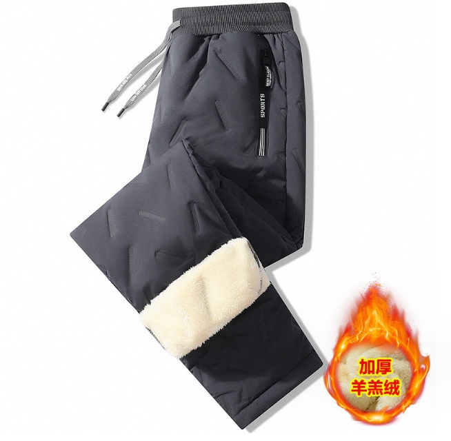 サムネイル： Grey pants with white lining and heated flame icon, warm trousers outdoor.