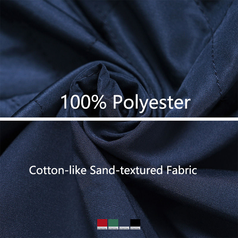 サムネイル： 100% Polyester Cotton-like Sand-textured Fabric. Close up of the dark blue textile