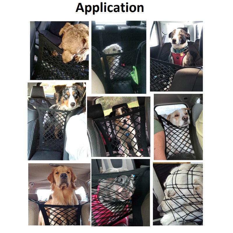 サムネイル： Application showing dogs in cars with text. メンズベスト included for context.