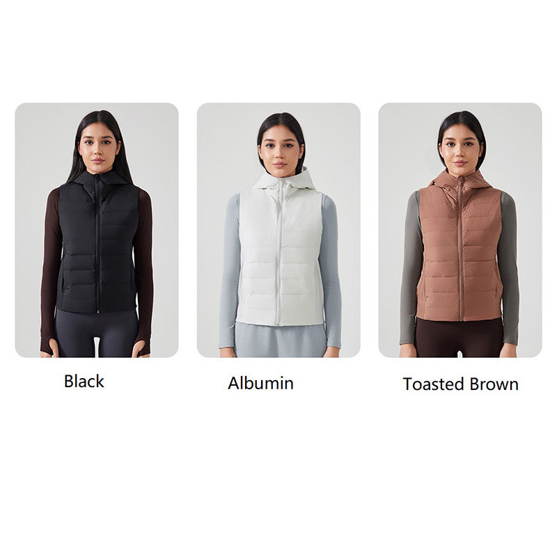 サムネイル： 女性が様々な色のベストを着ています Black, Albumin, Toasted Brown の文字が見えます。