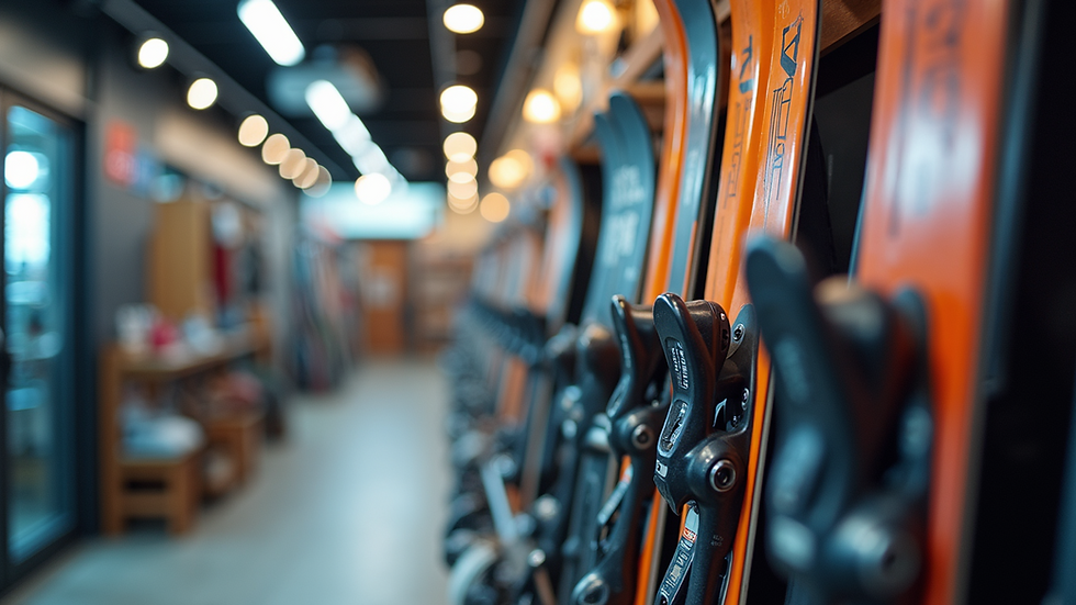Close-up view of ski rental equipment in a shop